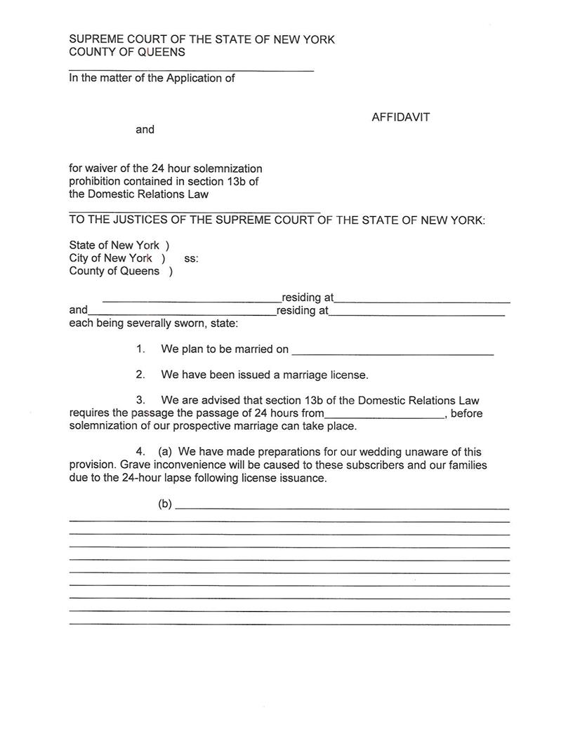 Affidavit (Request For Waiver Of Marriage Waiting Period) | Pdf Fpdf Docx | New York