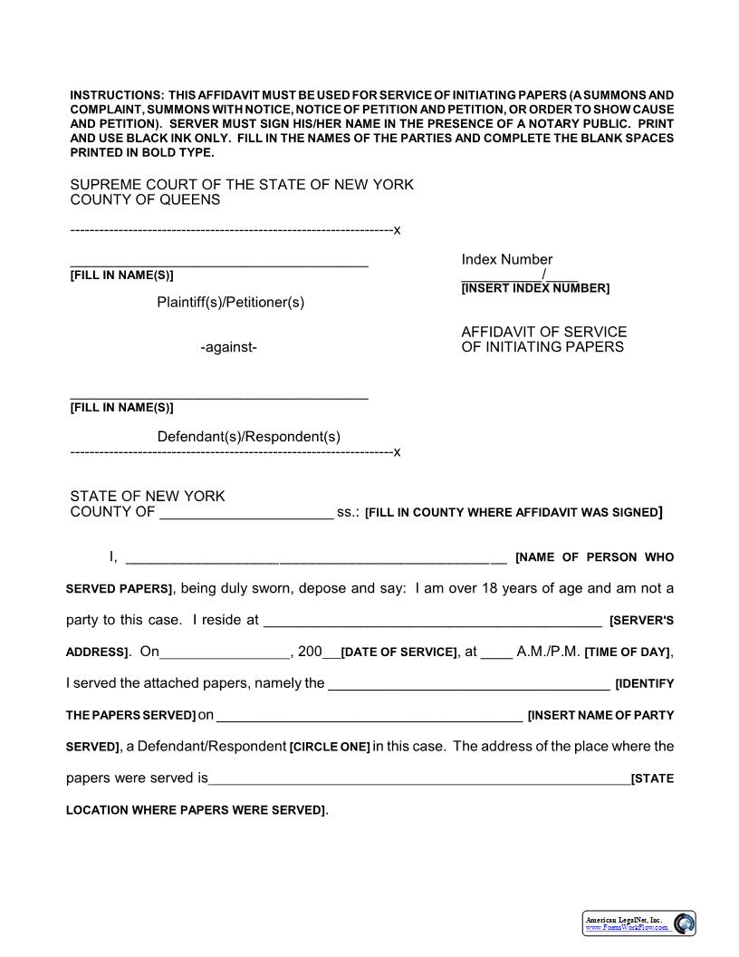 Affidavit Of Service Of Initiating Papers | Pdf Fpdf Docx | New York