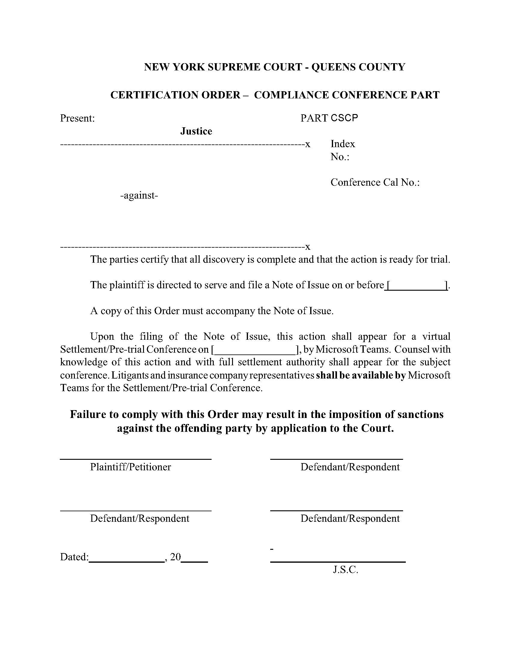 Certification Order - Compliance Conference Part | Pdf Fpdf Docx | New York