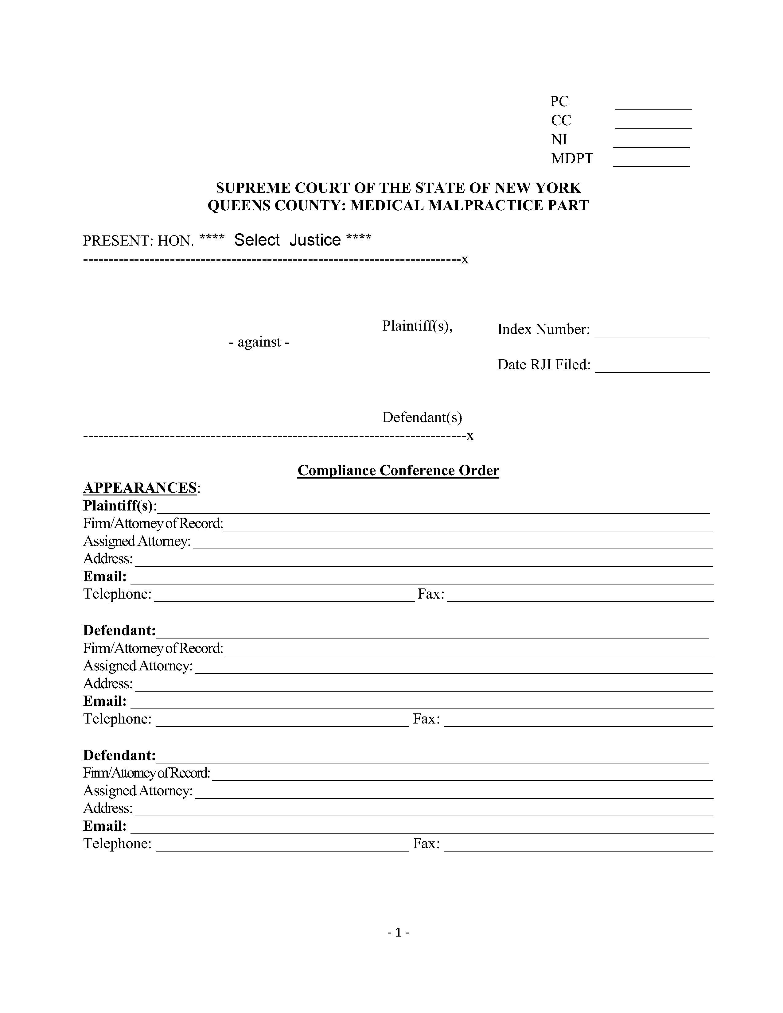 Compliance Conference Order (Medical Malpractice - Judges ODonoghue And Catapano-Fox) | Pdf Fpdf Docx | New York