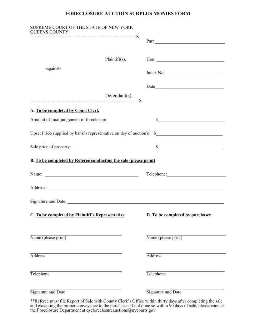 Foreclosure Auction Surplus Monies Form | Pdf Fpdf Docx | New York