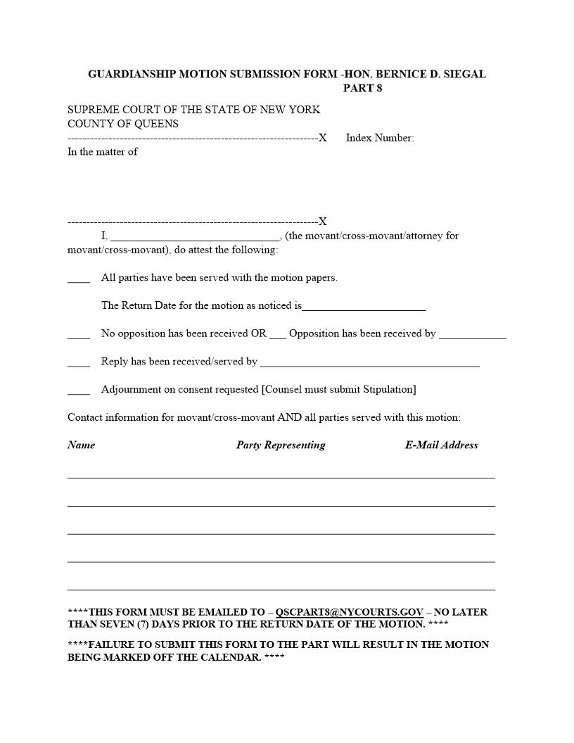 Guardianship Motion Submission Form (Part 8G Judge Siegal) | Pdf Fpdf Docx | New York