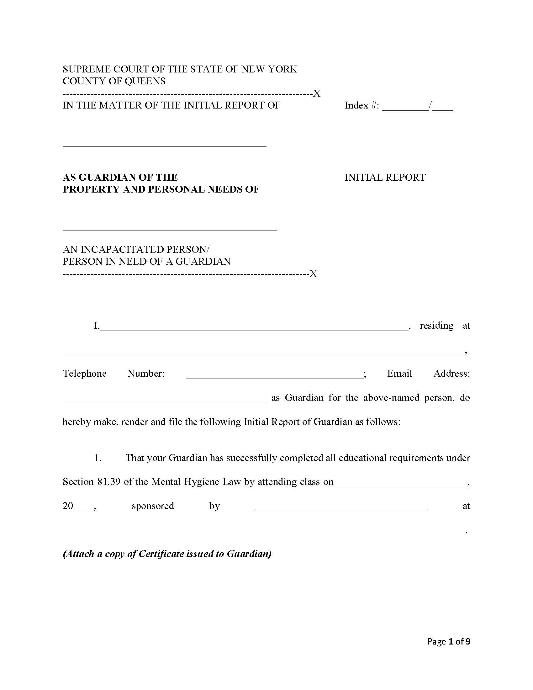 Initial Report (IP Guardianship) {11JD IN-IPG} | Pdf Fpdf Docx | New York