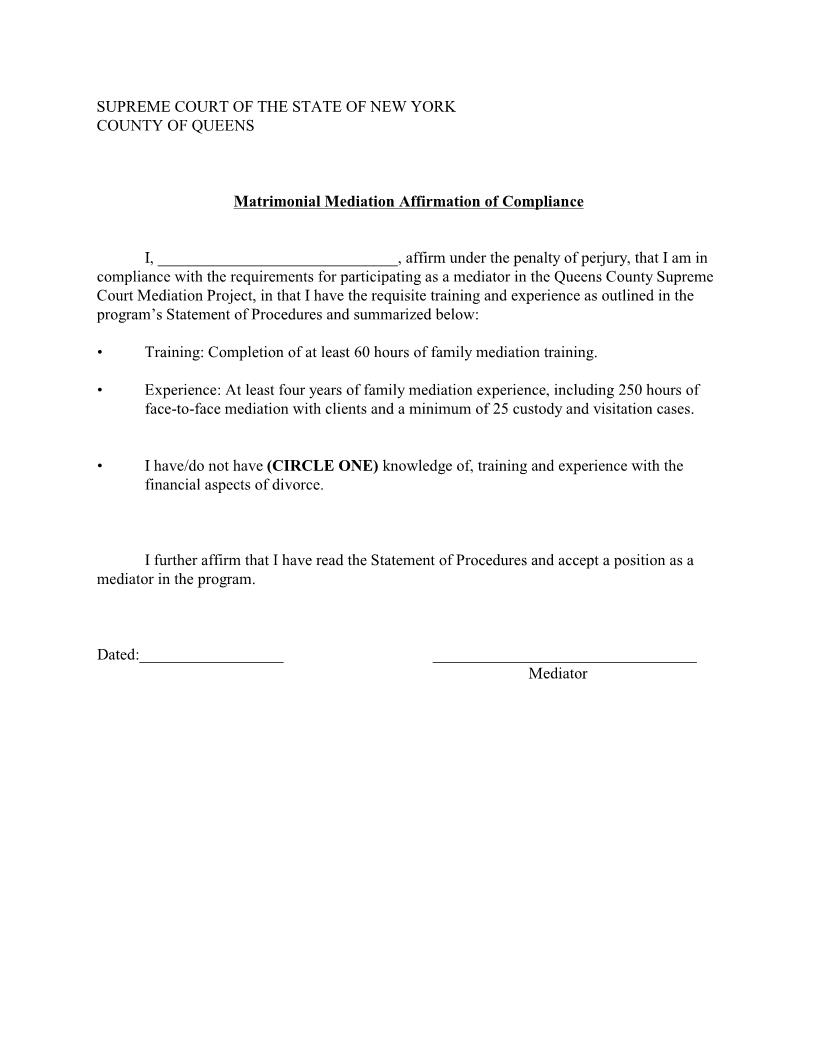 Matrimonial Mediation Affirmation Of Compliance {Qns MMAC} | Pdf Fpdf Docx | New York