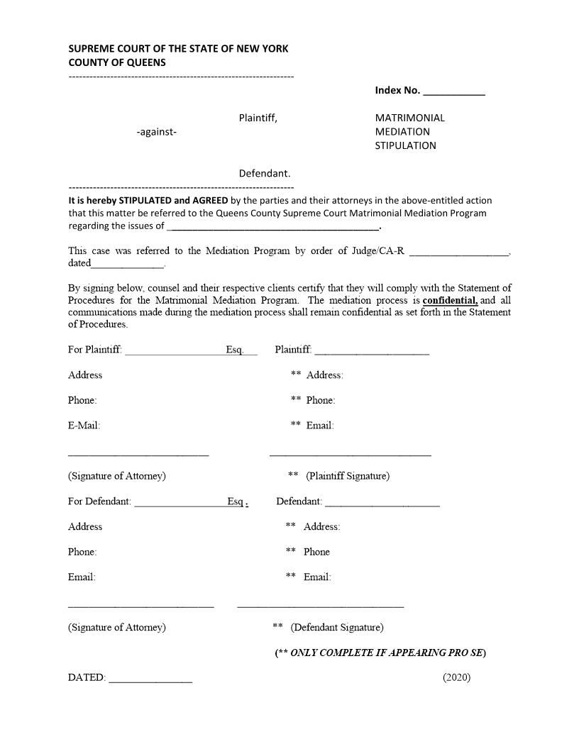 Matrimonial Mediation Stipulation {Qns MMS} | Pdf Fpdf Docx | New York