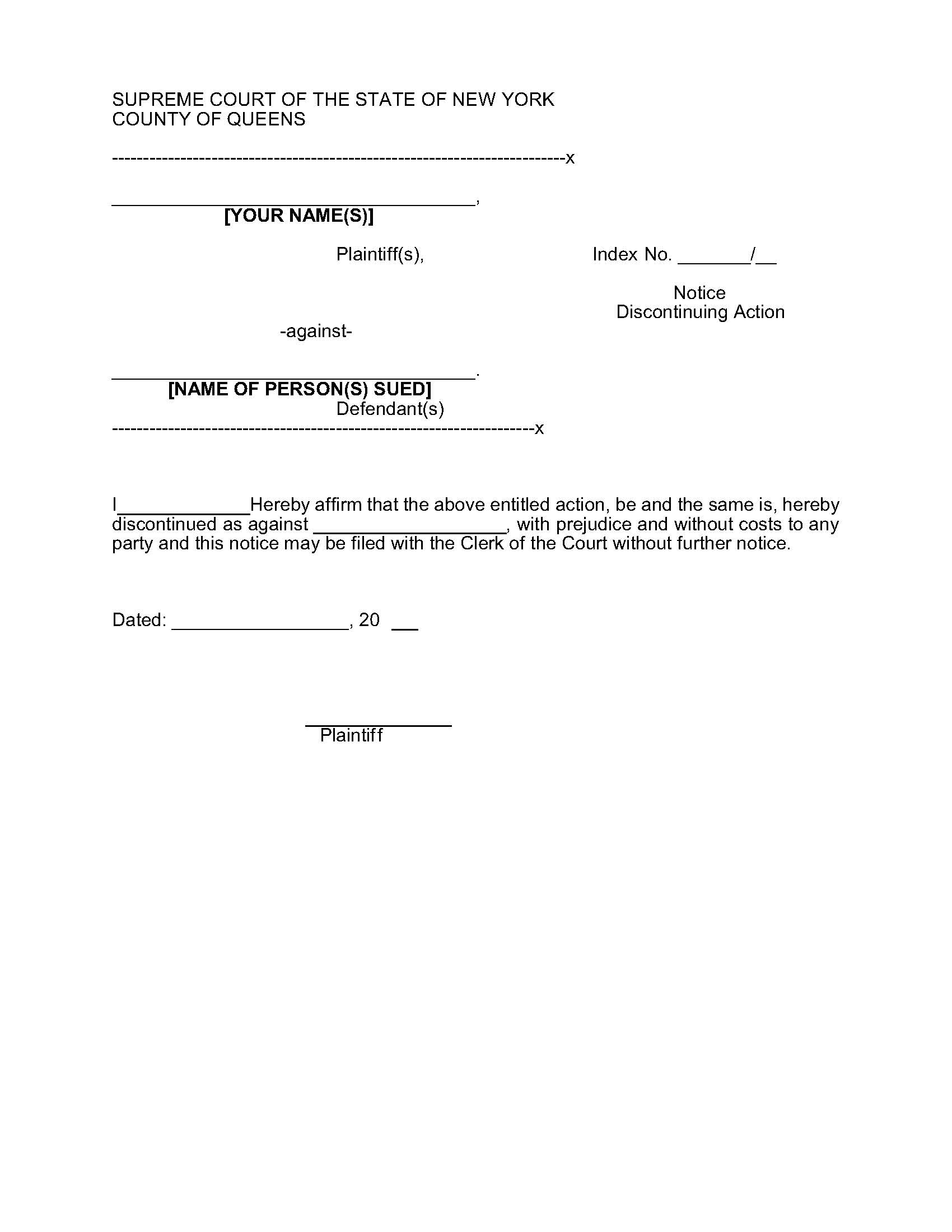 Notice Discontinuing Action | Pdf Fpdf Docx | New York