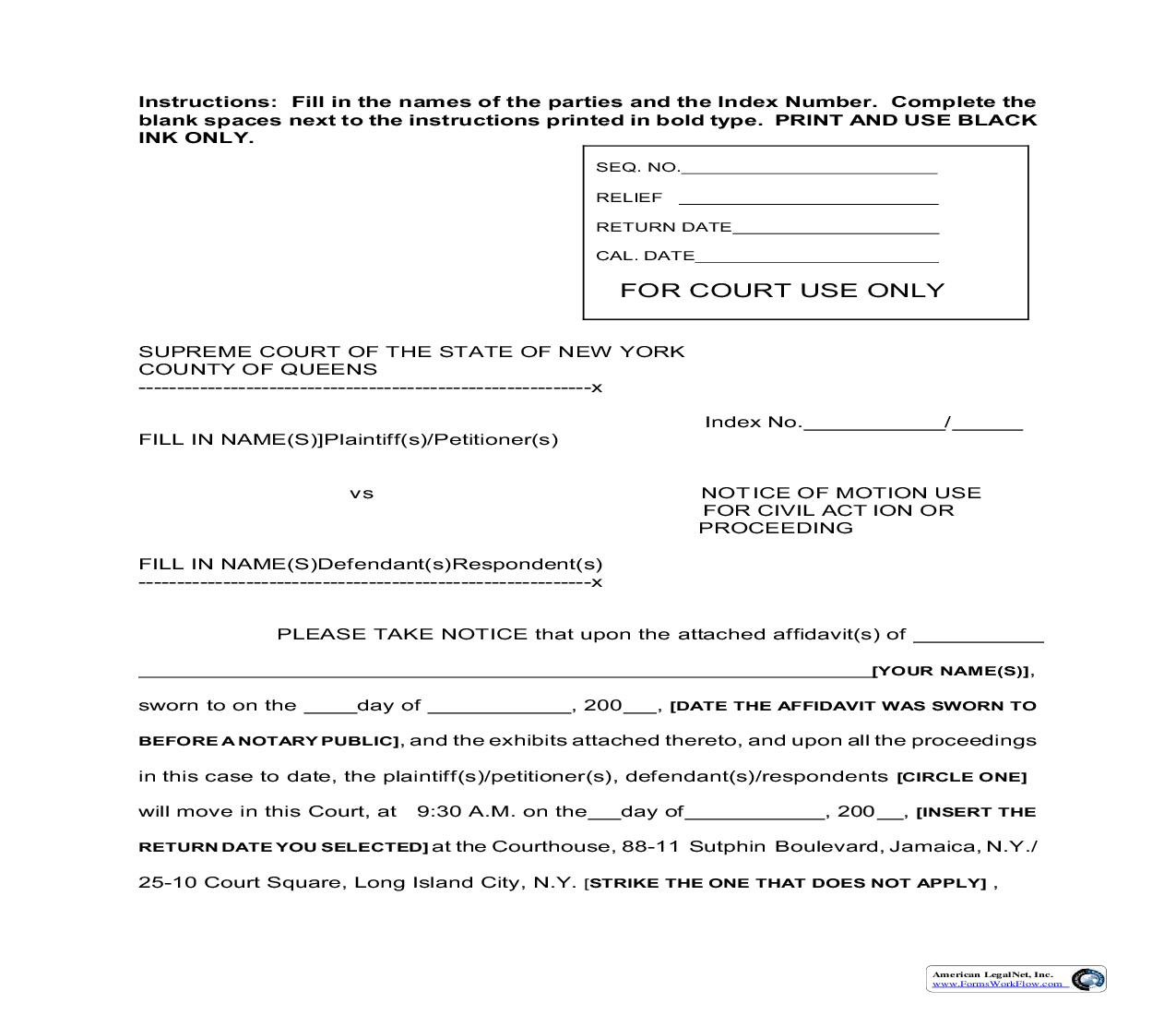 Notice Of Motion (Civil Action-Proceeding)-Long | Pdf Fpdf Docx | New York