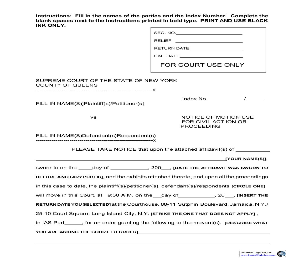 Notice Of Motion (Civil Action-Proceeding) | Pdf Fpdf Docx | New York