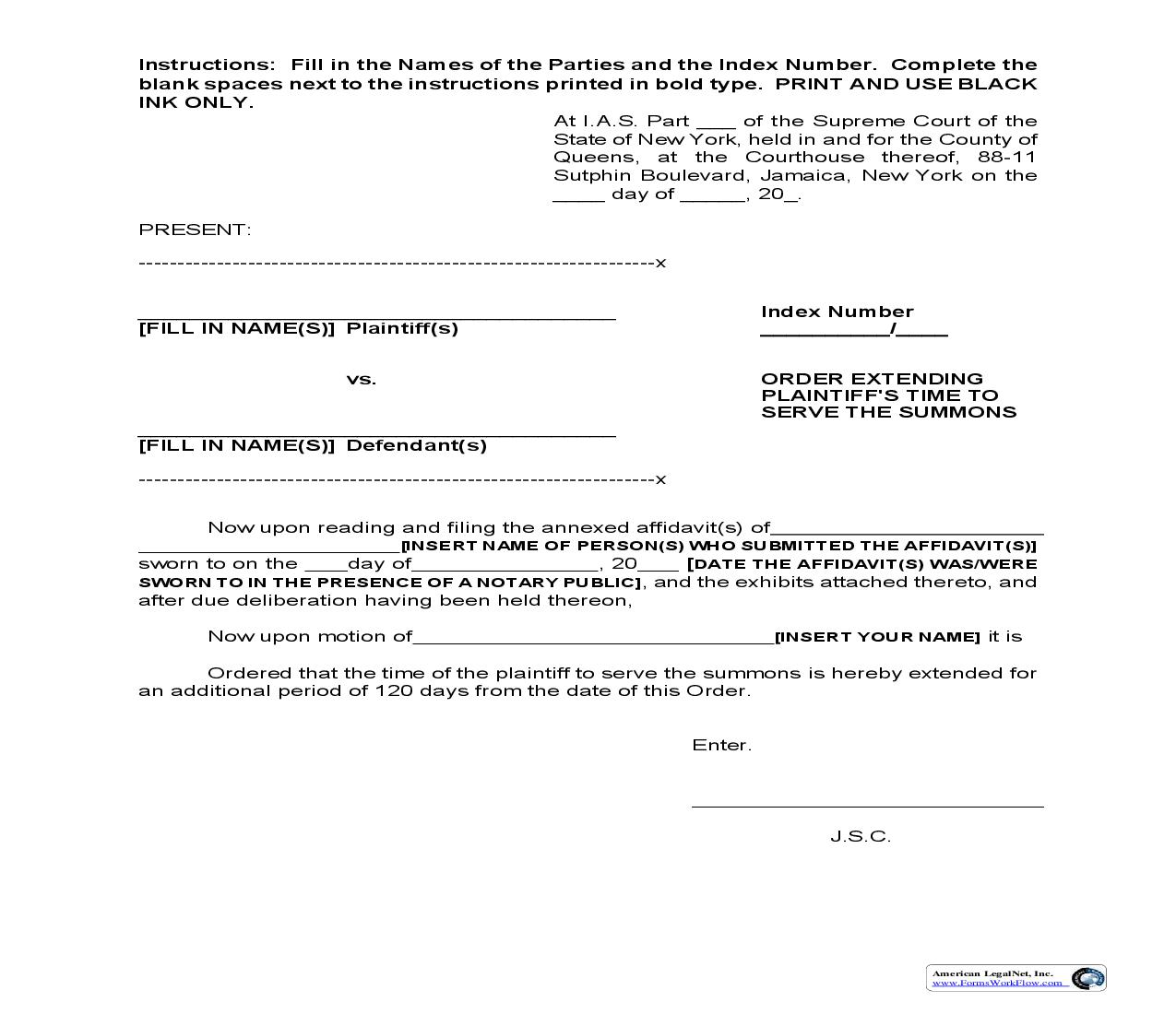 Order Extending Plaintiffs Time To Serve Summons | Pdf Fpdf Doc Docx | New York