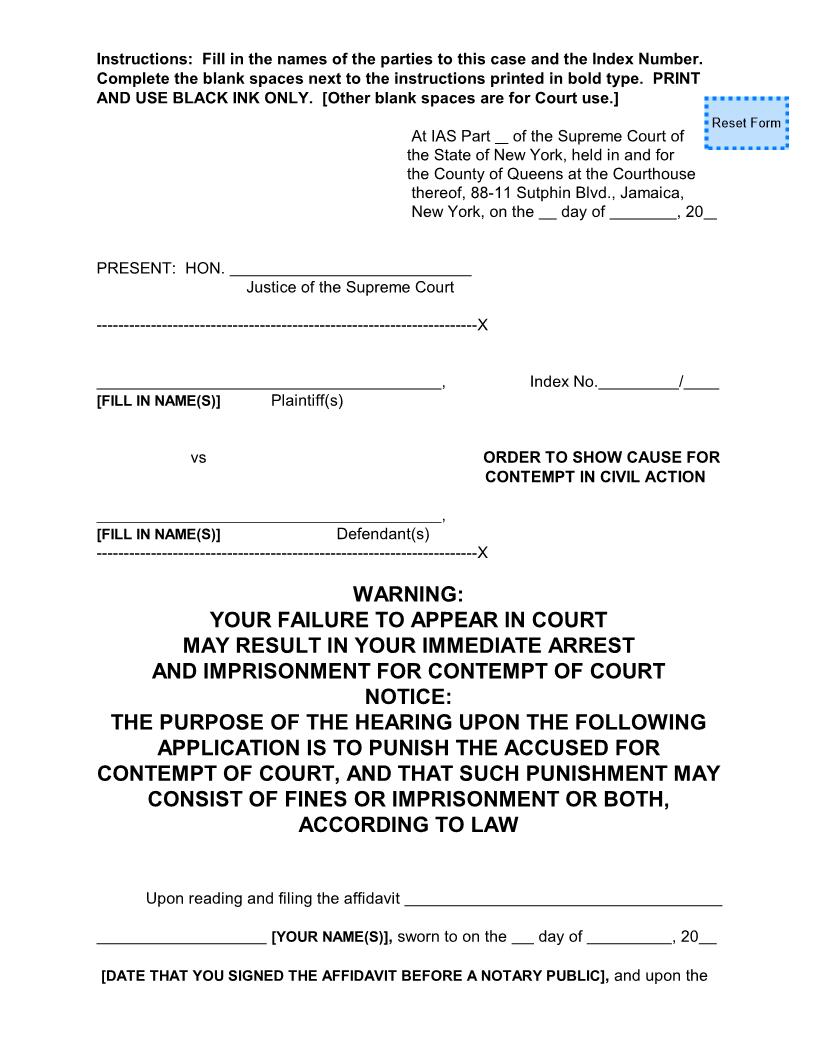 Order To Show Cause For Contempt In Civil Action | Pdf Fpdf Docx | New York