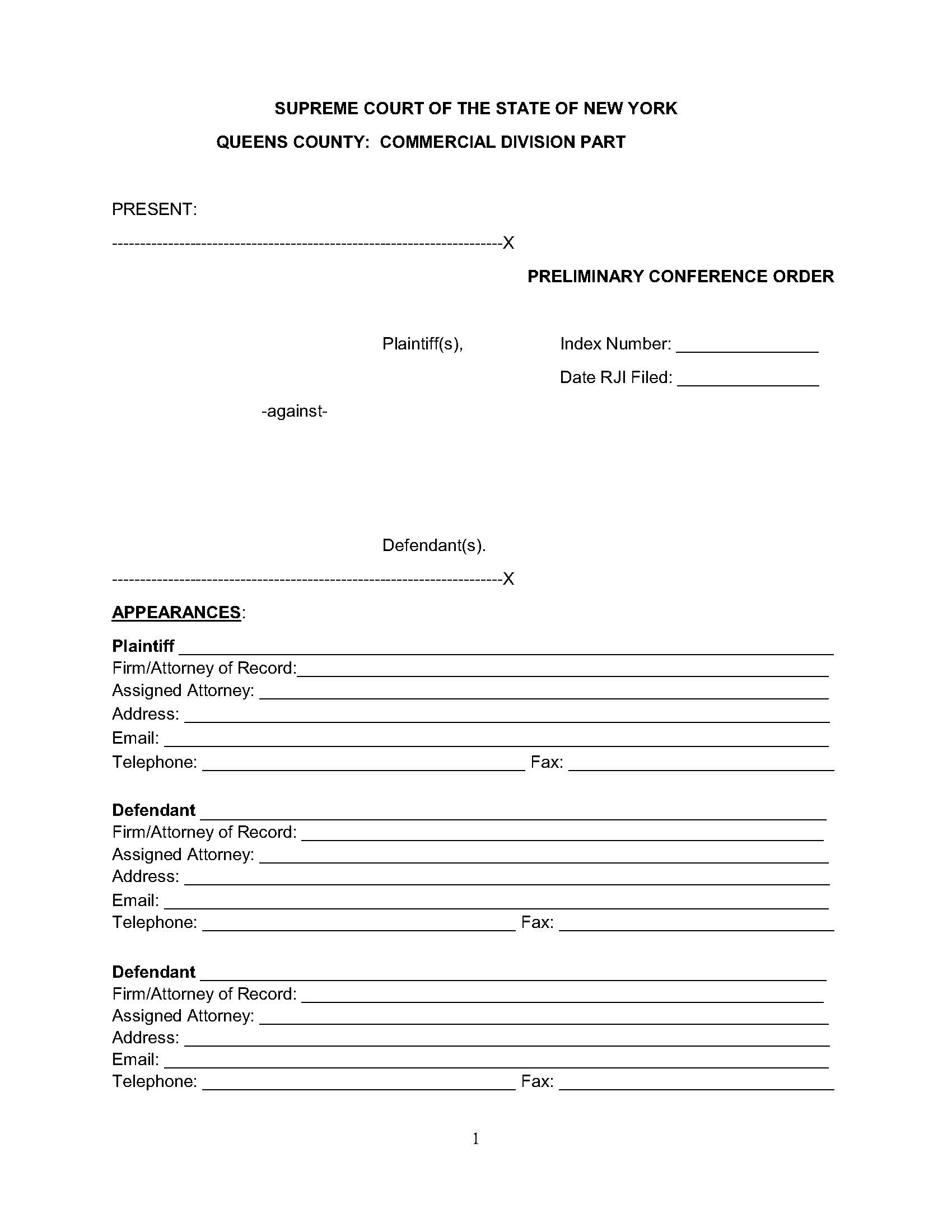 Preliminary Conference Order (Commercial Division) | Pdf Fpdf Docx | New York