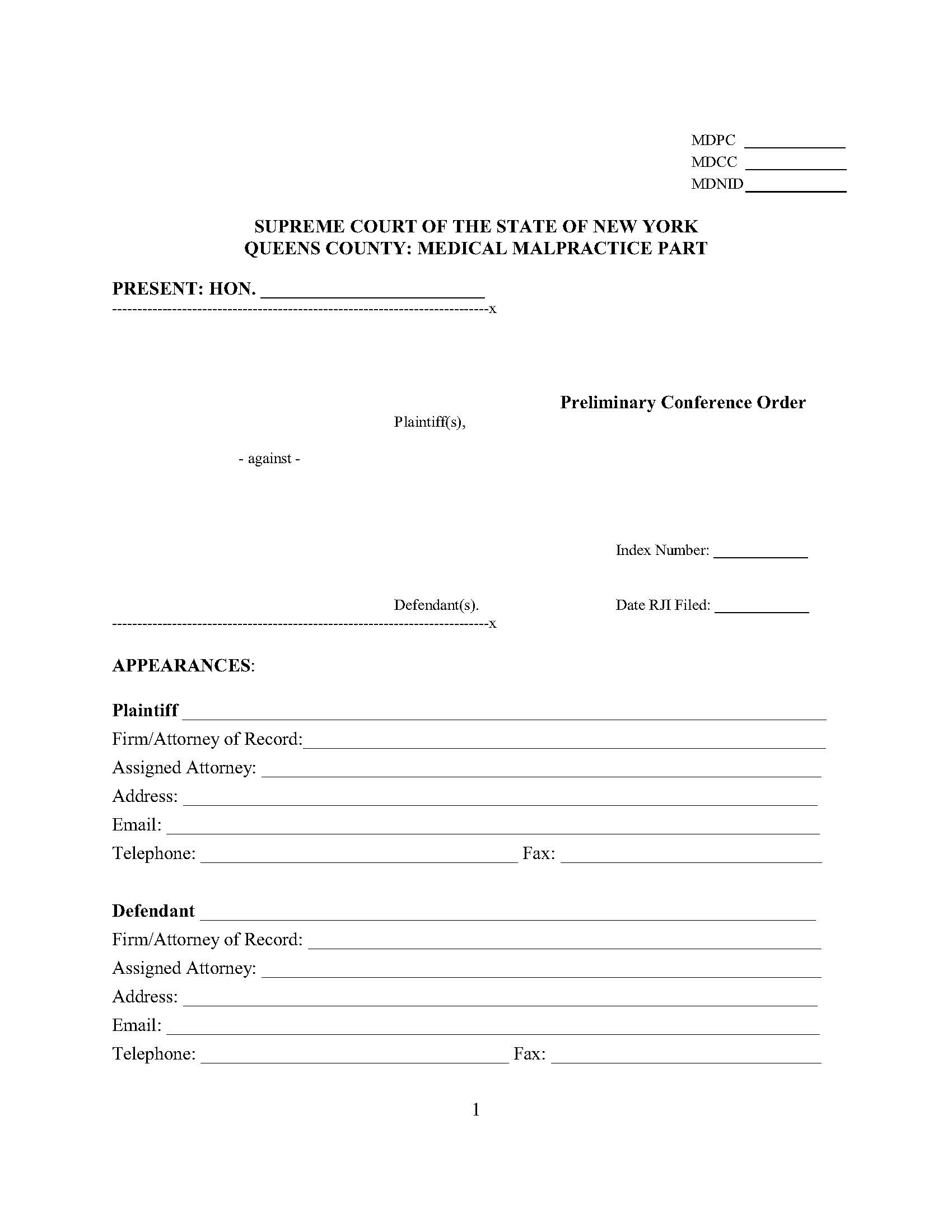 Preliminary Conference Order (Malpractice - Judges ODonoghue And Catapano-Fox) | Pdf Fpdf Docx | New York