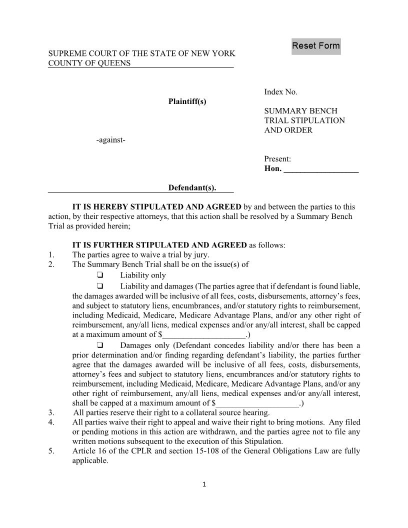 Summary Bench Trial Stipulation And Order | Pdf Fpdf Docx | New York