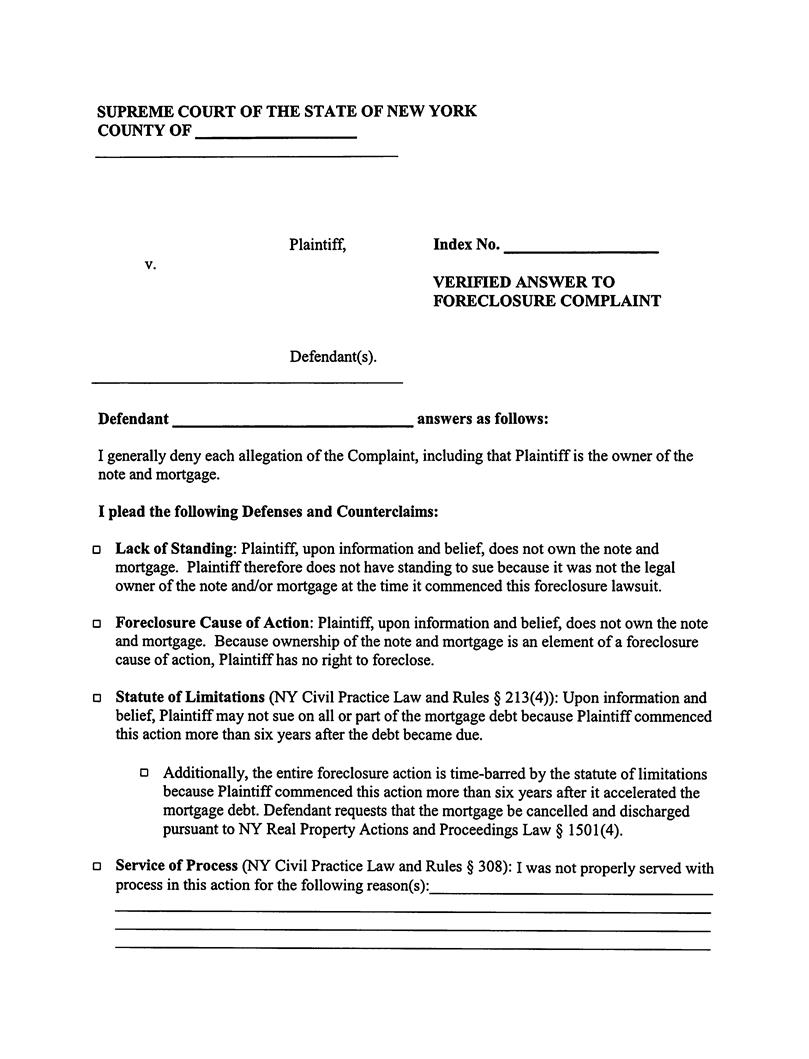Verified Answer To Foreclosure Complaint With Verification Affidavit Of Service | Pdf Fpdf Docx | New York