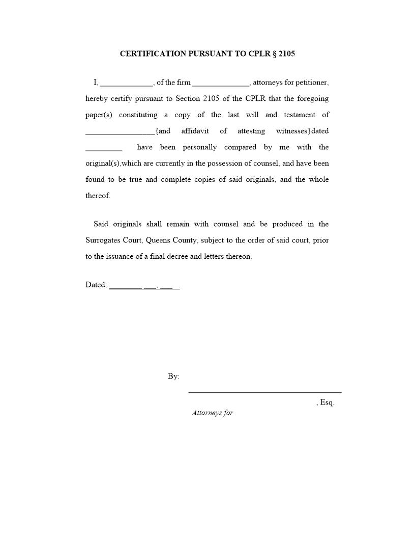 (Attorney) Certification Pursuant To CPLR S. 2105 (Will Copy) | Pdf Fpdf Docx | New York