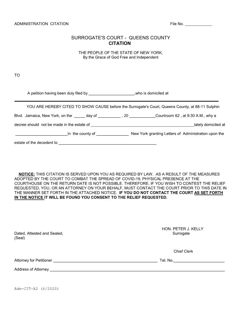 Administration Citation {Adm-CIT-A2} | Pdf Fpdf Docx | New York