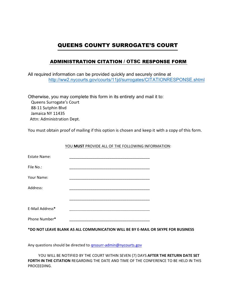 Administration Citation-OTSC Response Form | Pdf Fpdf Docx | New York