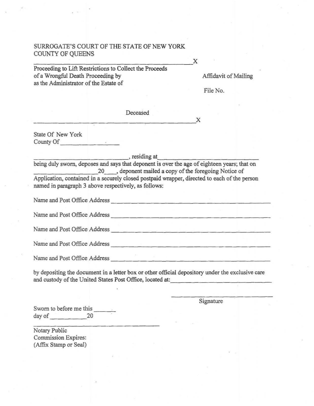 Affidavit Of Mailing Notice Of Application To Lift Restrictions (Wrongful Death) | Pdf Fpdf Docx | New York