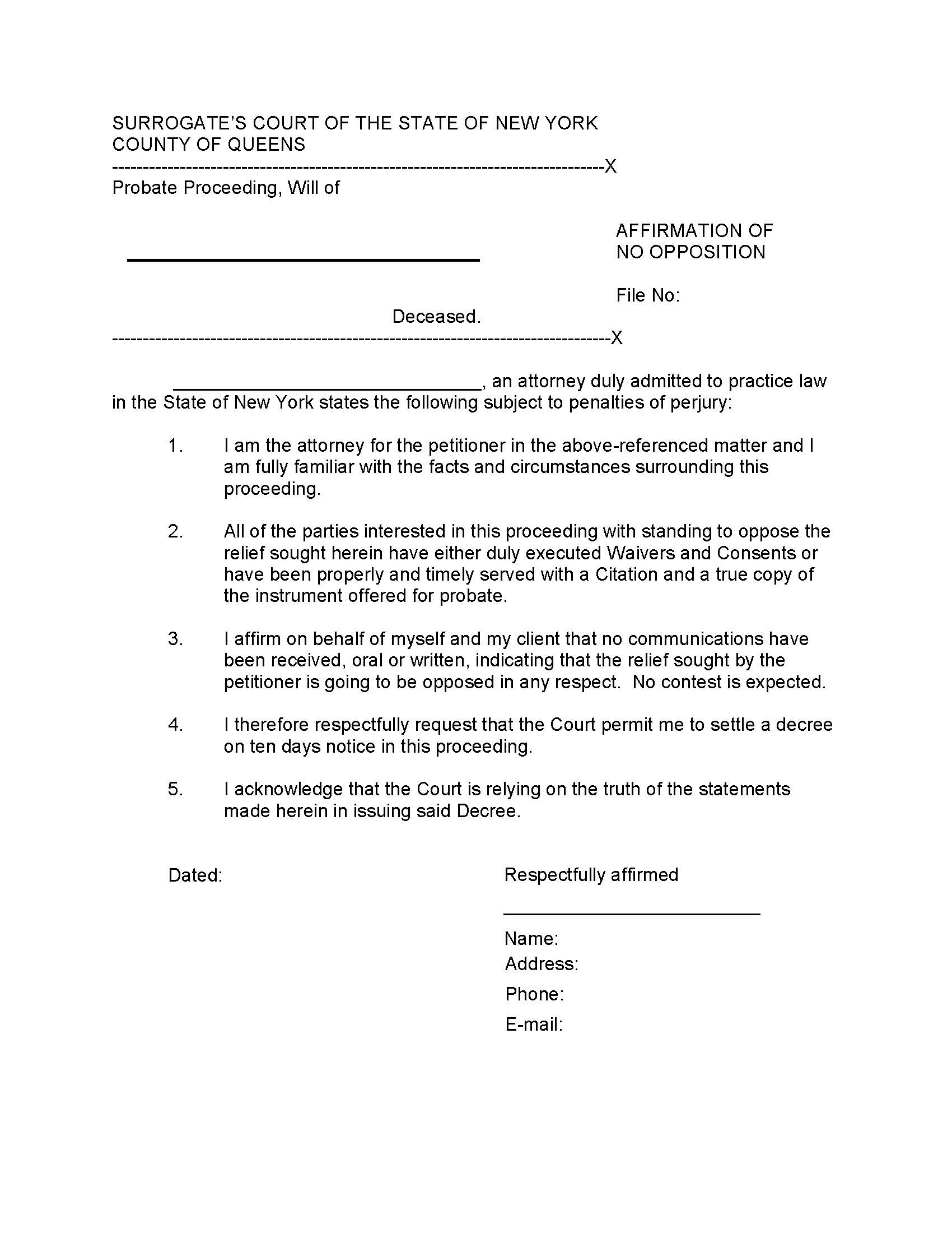 Affirmation Of No Opposition (Probate Proceeding) | Pdf Fpdf Docx | New York