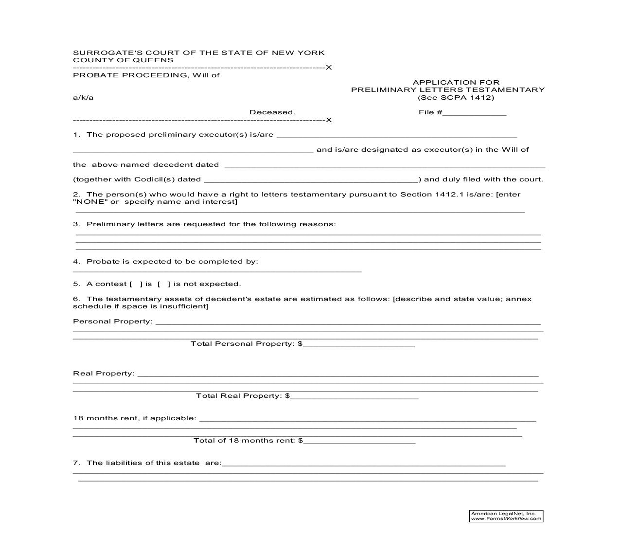 Application For Preliminary Letters Testamentary | Pdf Fpdf Doc Docx | New York