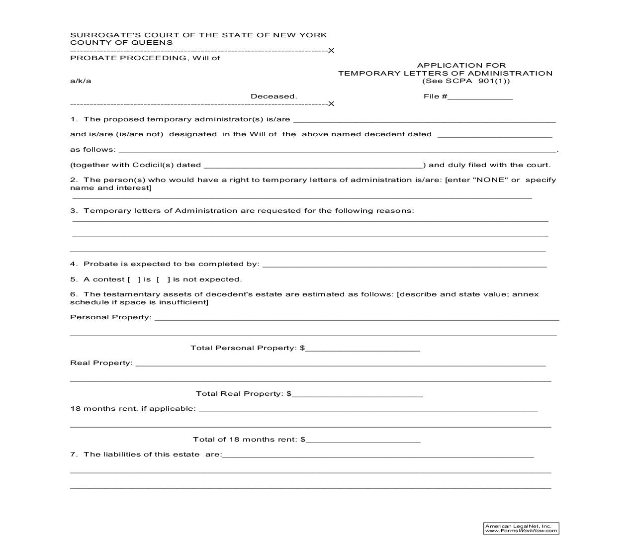 Application For Temporary Letters Of Administration | Pdf Fpdf Doc Docx | New York