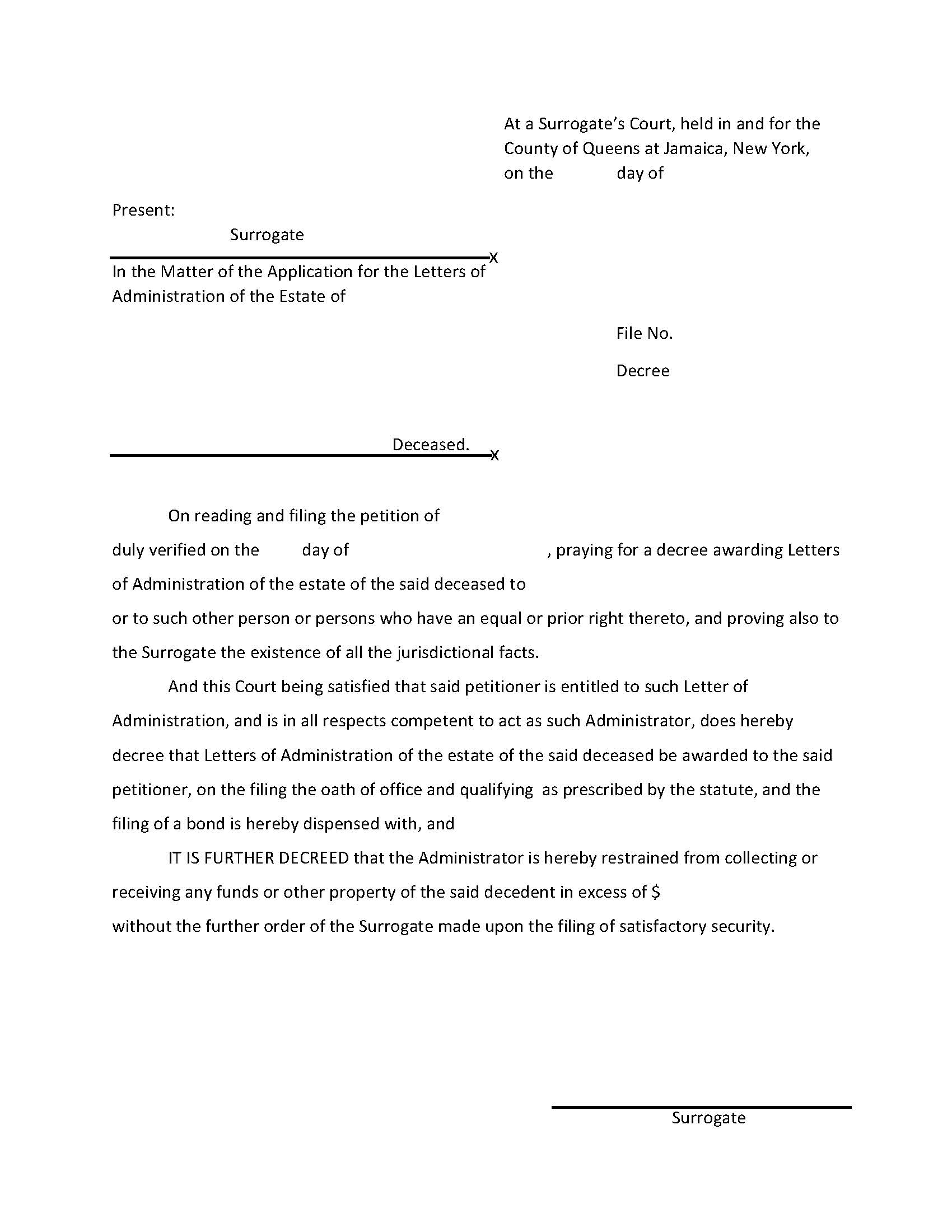 Decree (Application For Letters Of Administration) | Pdf Fpdf Doc Docx | New York