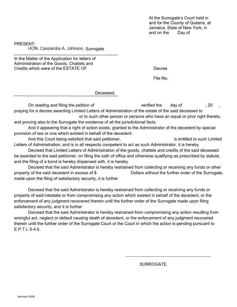 Decree (Awarding Limited Administrator - Cause Of Action) | Pdf Fpdf Docx | New York