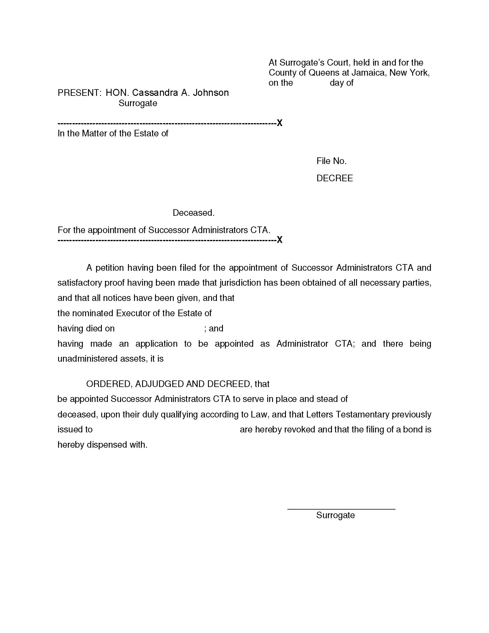 Decree (For The Appointment Of Successor Administrators CTA) | Pdf Fpdf Doc Docx | New York