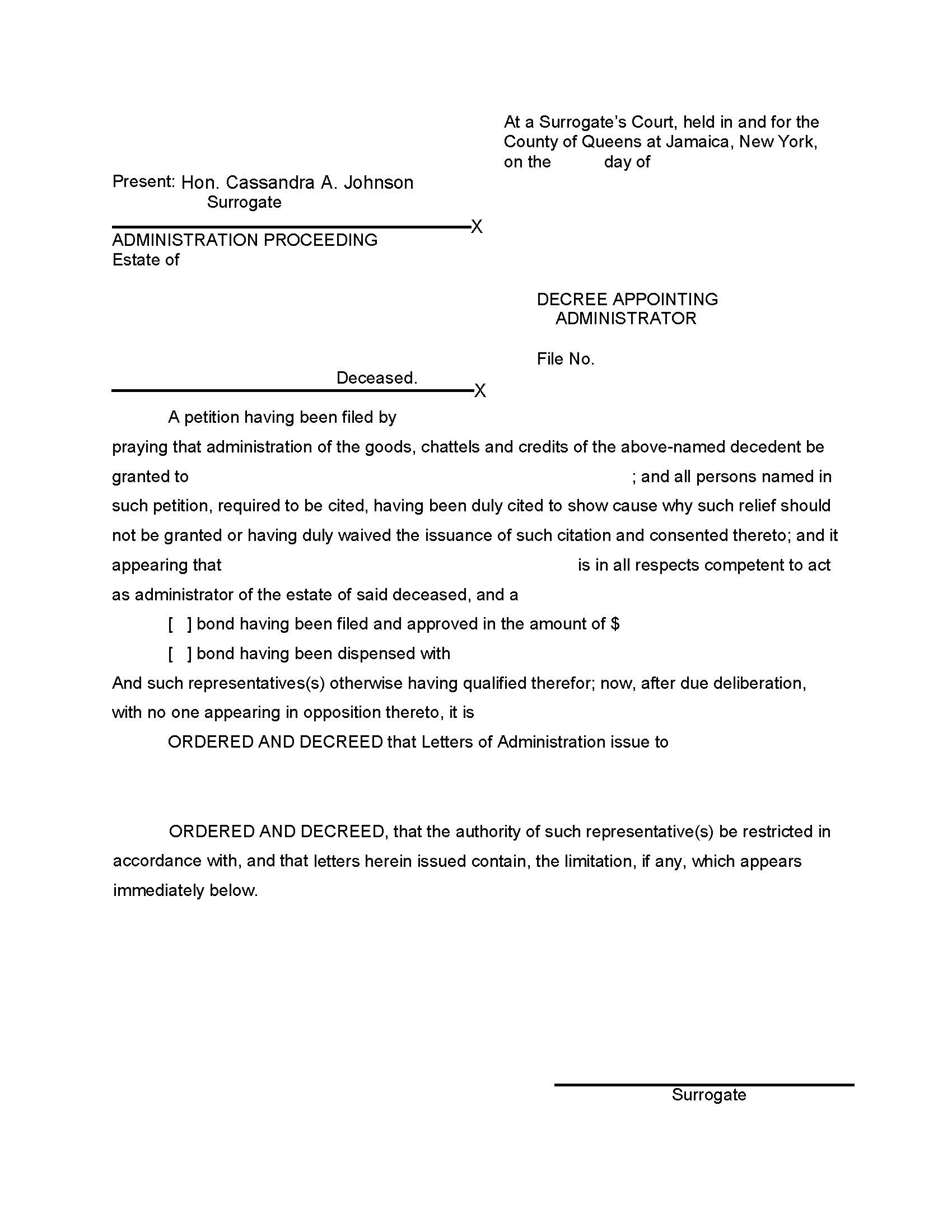 Decree Appointing Administrator | Pdf Fpdf Doc Docx | New York