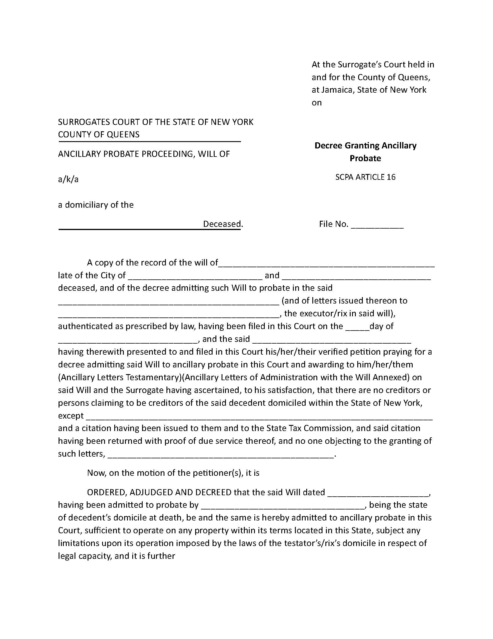 Decree Granting Ancillary Probate | Pdf Fpdf Doc Docx | New York