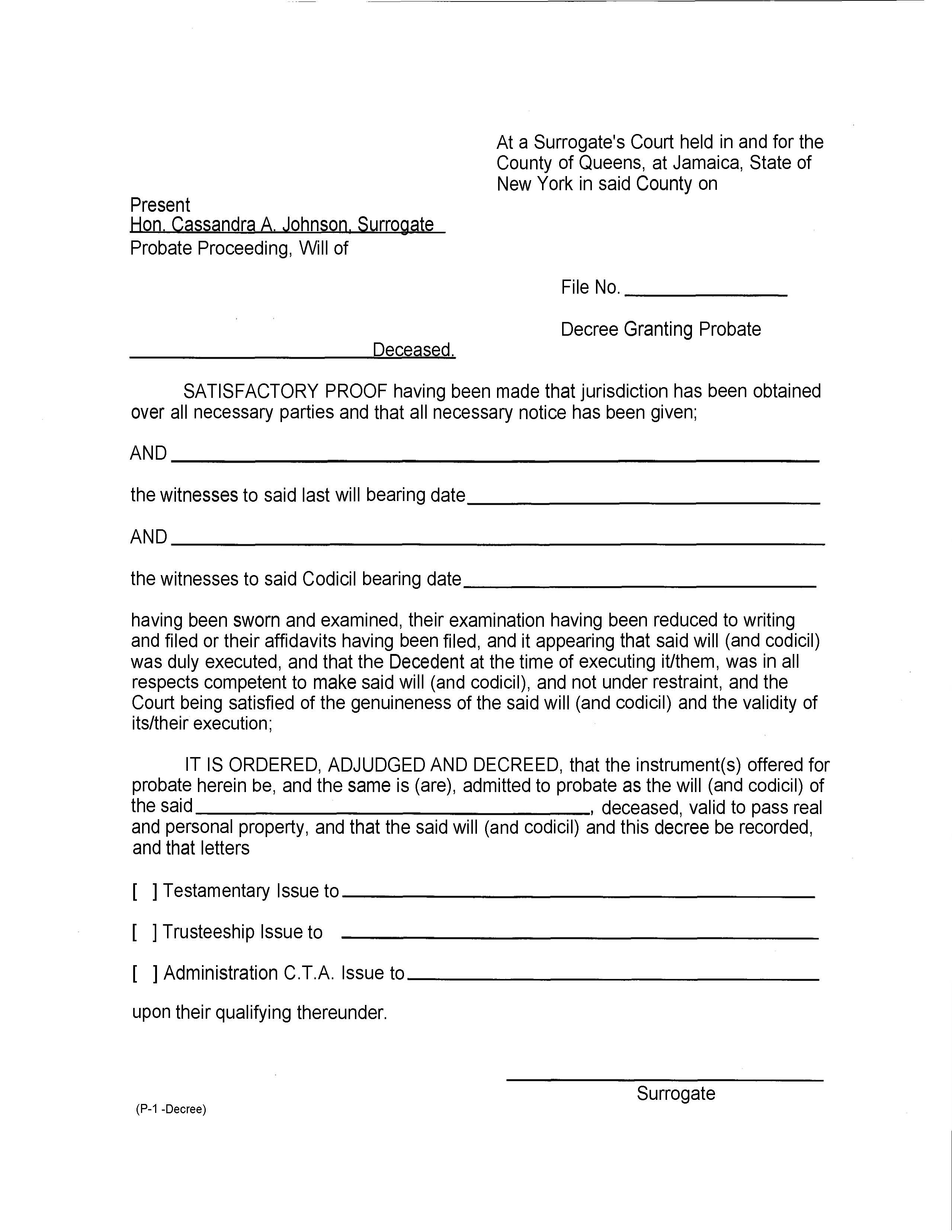 Decree Granting Probate | Pdf Fpdf Doc Docx | New York
