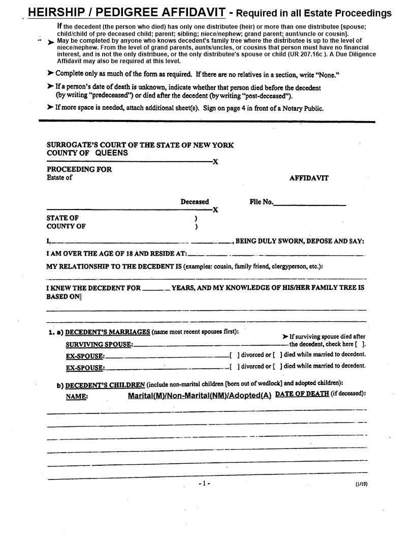 Heirship-Pedigree Affidavit | Pdf Fpdf Docx | New York
