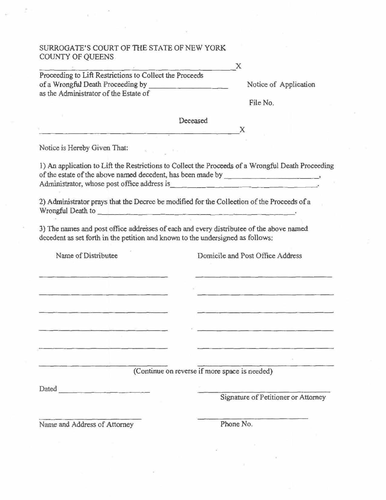 Notice Of Application To Lift Restrictions (Wrongful Death Structured Settlement) | Pdf Fpdf Docx | New York