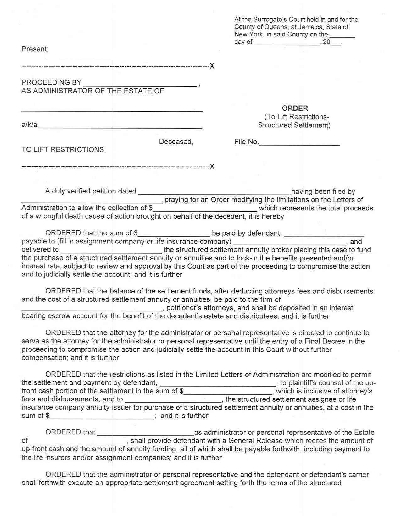 Order (To Lift Restrictions-Wrongful Death Structured Settlement) | Pdf Fpdf Docx | New York