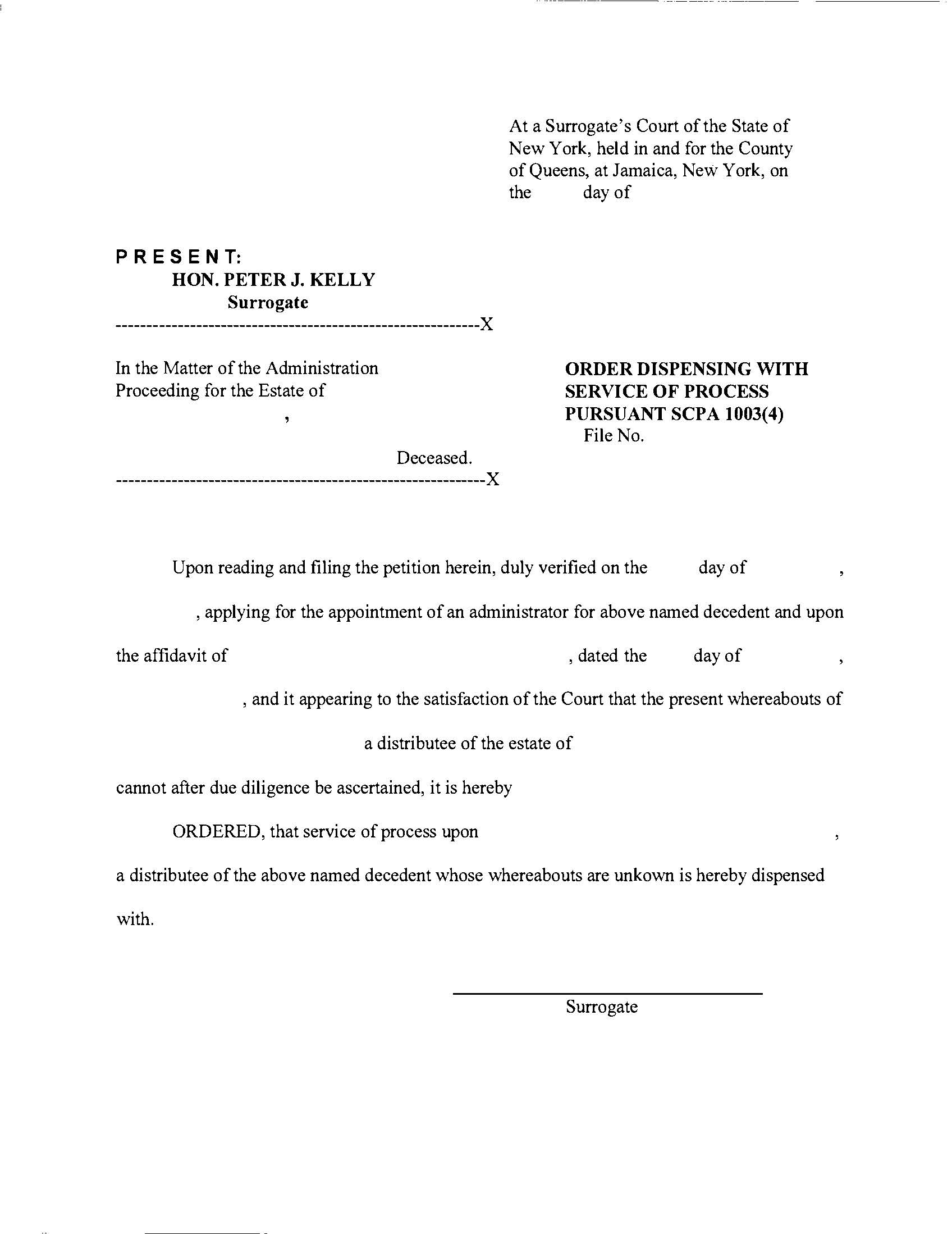 Order Dispensing WIth Service Of Process Pursuant SCPA 1003(4) | Pdf Fpdf Docx | New York