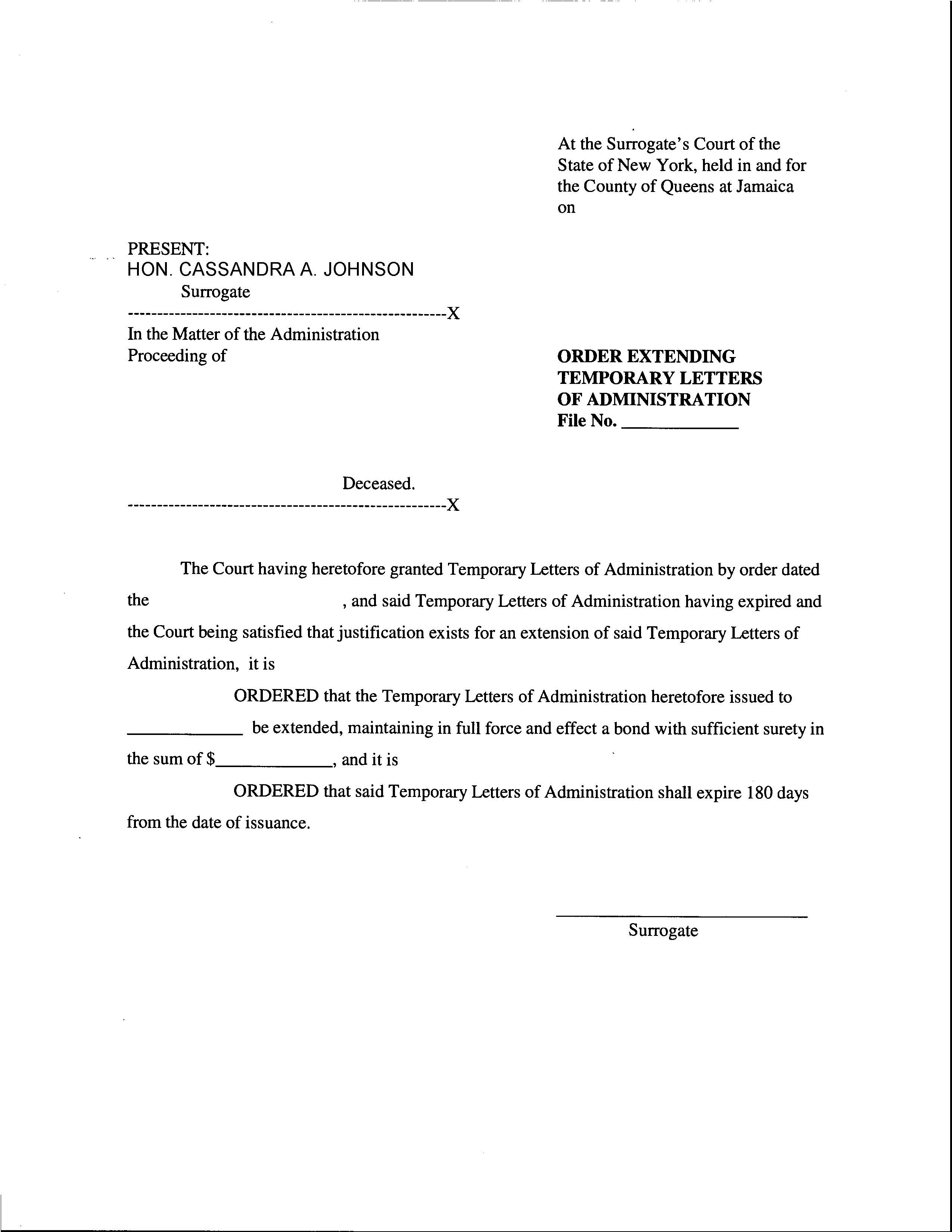 Order Extending Temporary Letters Of Administration | Pdf Fpdf Doc Docx | New York