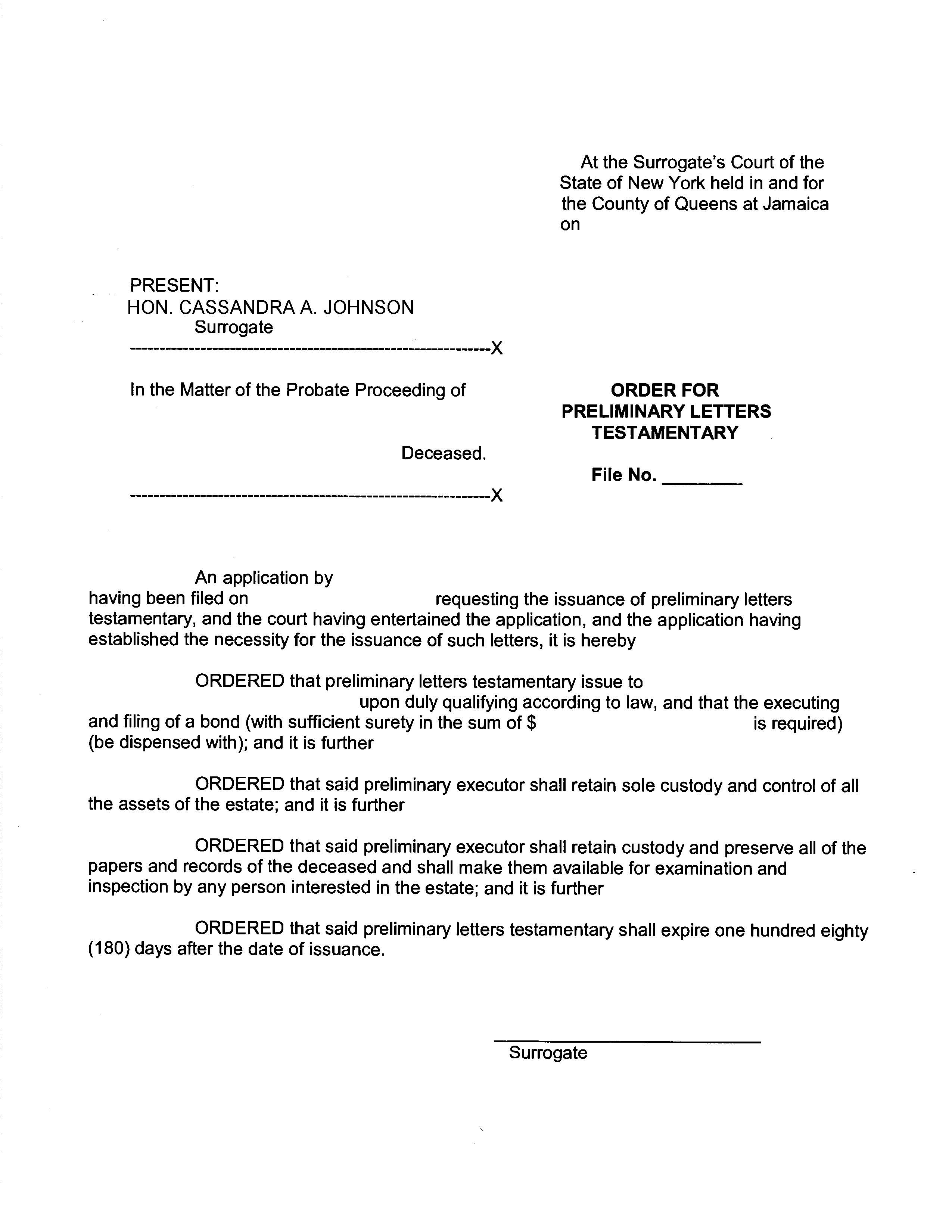 Order For Preliminary Letters Testamentary | Pdf Fpdf Doc Docx | New York