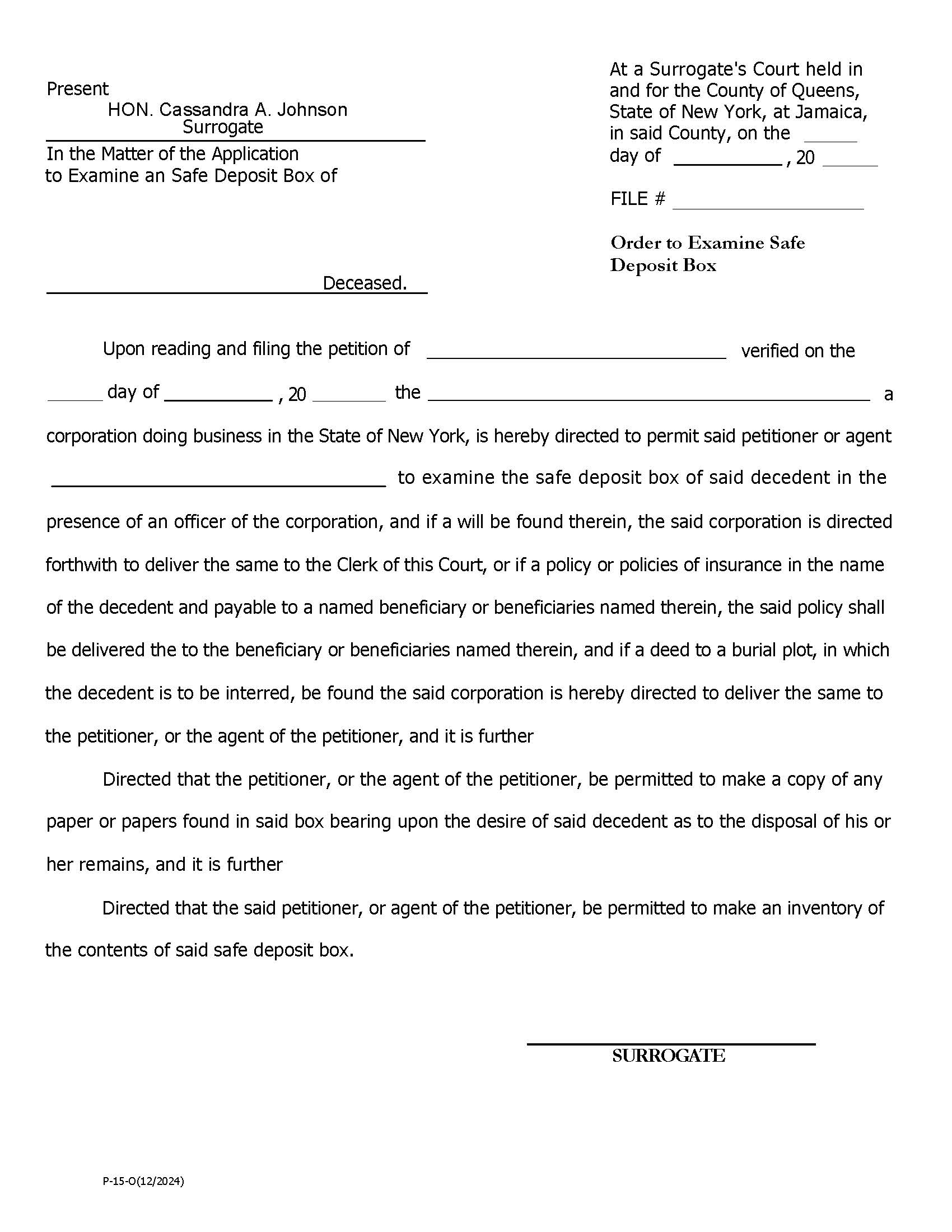 Order To Examine Safe Deposit Box | Pdf Fpdf Doc Docx | New York