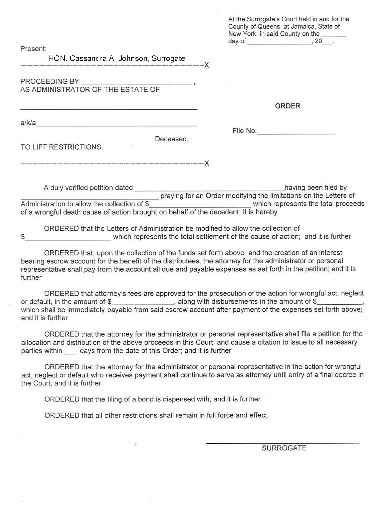 Order To Lift Restrictions (No Wrongful Death) | Pdf Fpdf Docx | New York