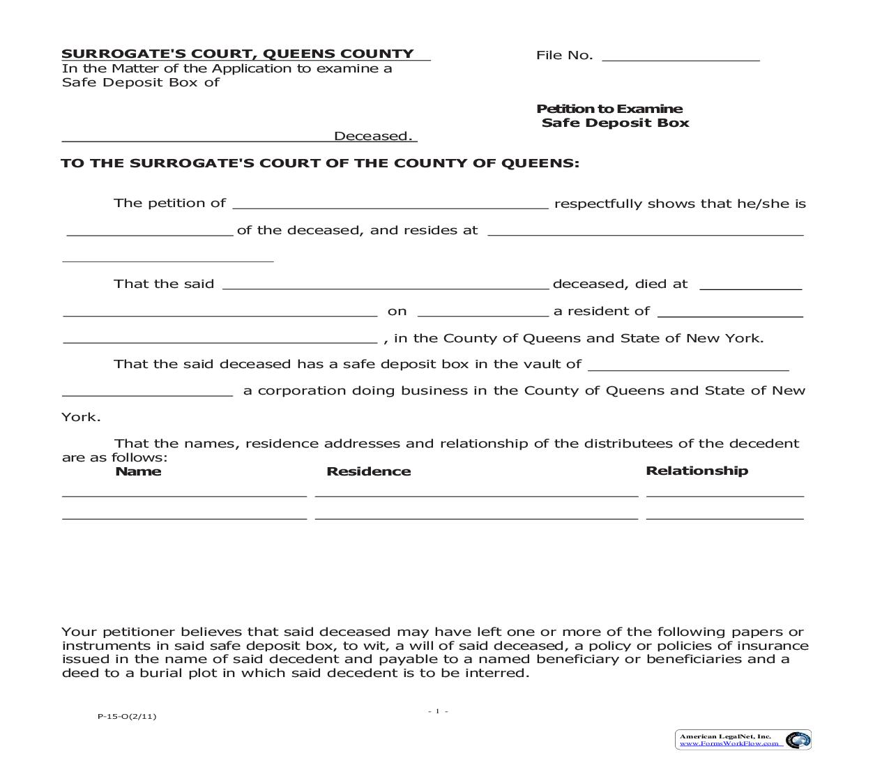 Petition To Examine Safe Deposit Box | Pdf Fpdf Doc Docx | New York