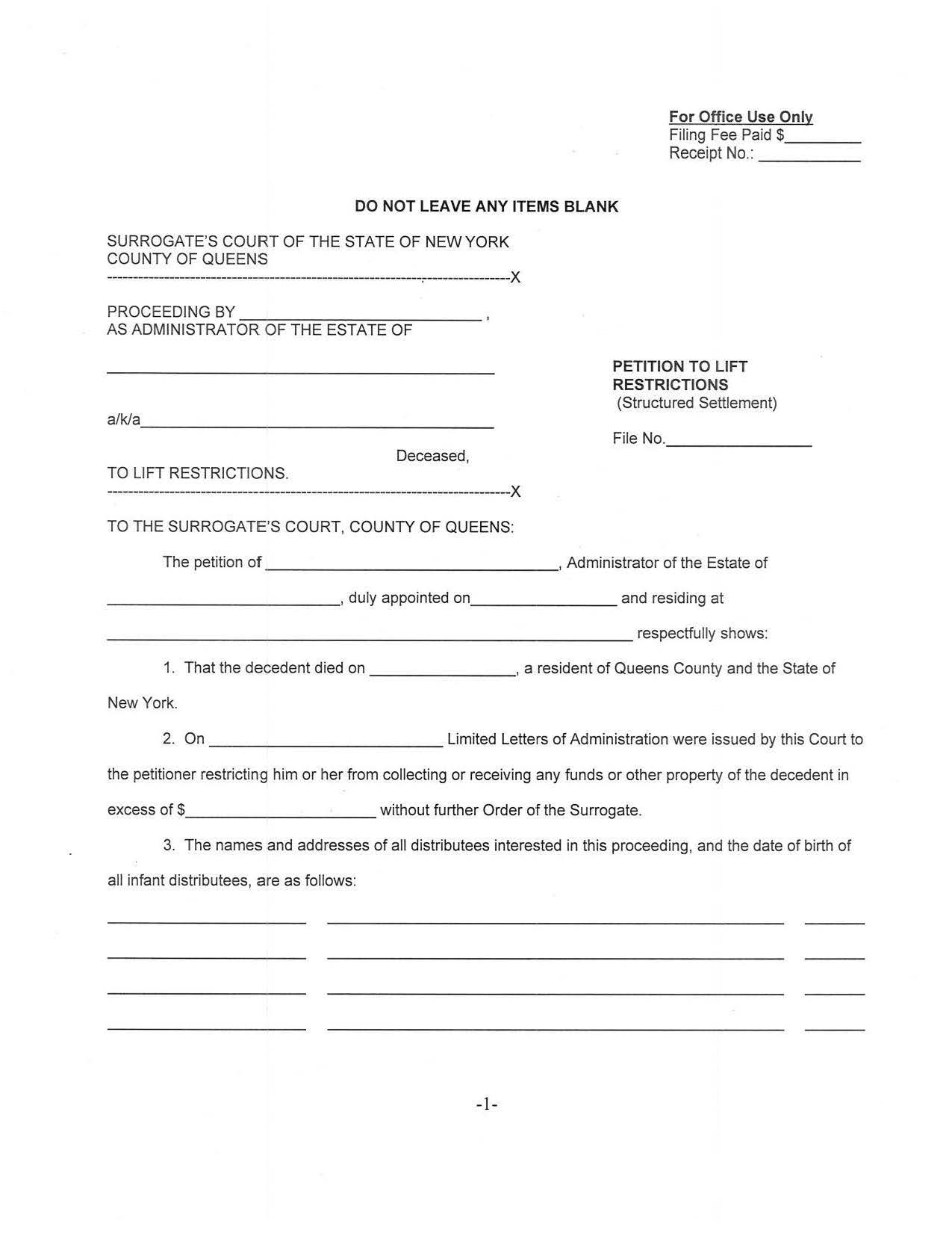 Petition To Lift Restrictions (Wrongful Death Structured Settlement) With Checklist | Pdf Fpdf Docx | New York