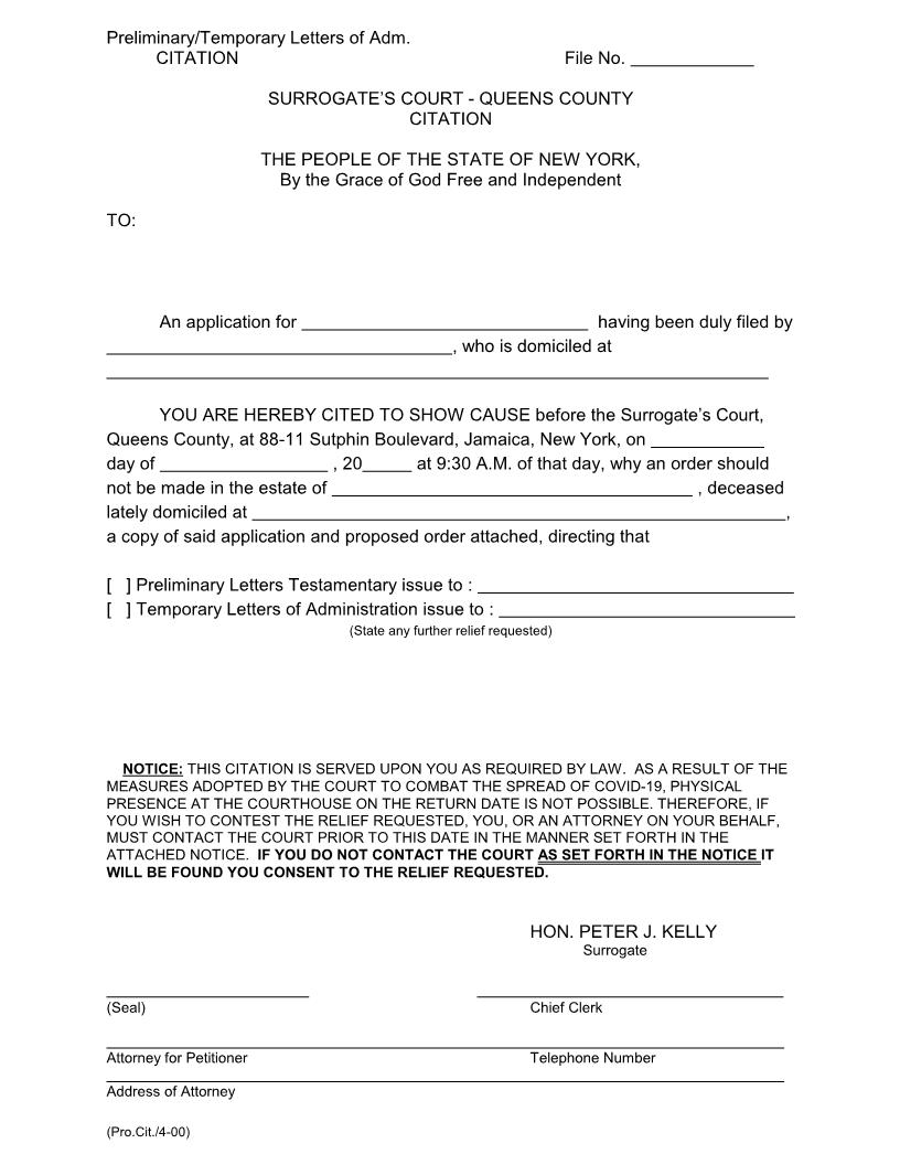 Preliminary-Temporary Letters Of Administration Citation | Pdf Fpdf Docx | New York