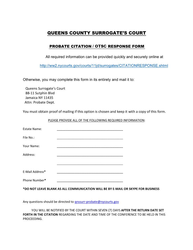 Probate Citation-OTSC Response Form | Pdf Fpdf Docx | New York