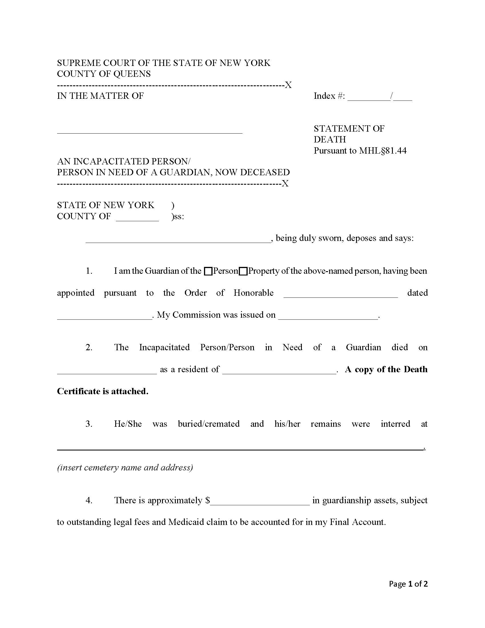 Statement Of Death | Pdf Fpdf Docx | New York