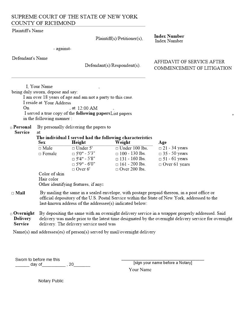 Affidavit Of Service After Commencement Of Litigation | Pdf Fpdf Docx | New York