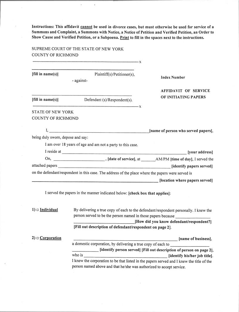 Affidavit Of Service Of Initiating Papers (General) (Richmond) | Pdf Fpdf Docx | New York
