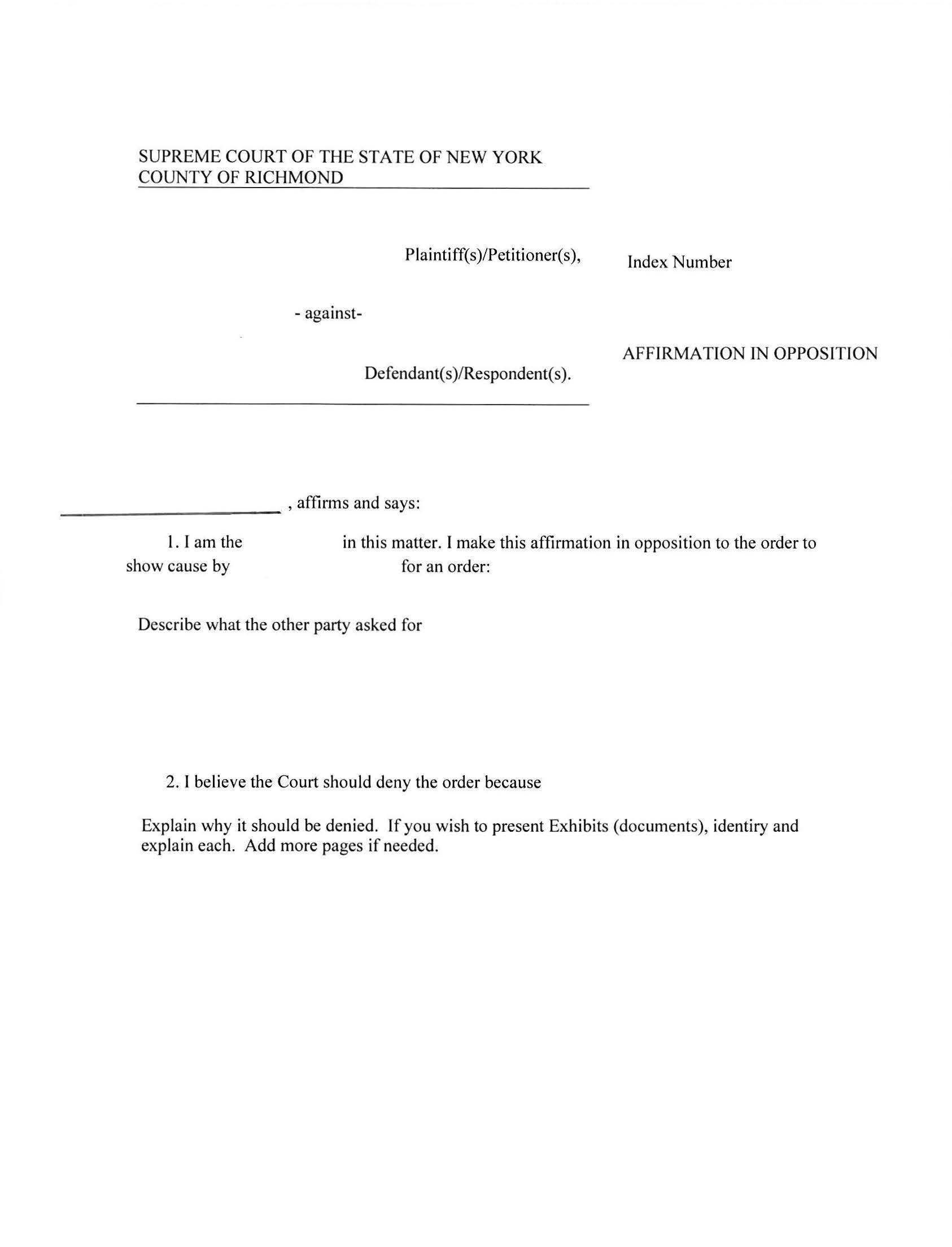 Affirmation In Opposition (To Order To Show Cause) | Pdf Fpdf Docx | New York
