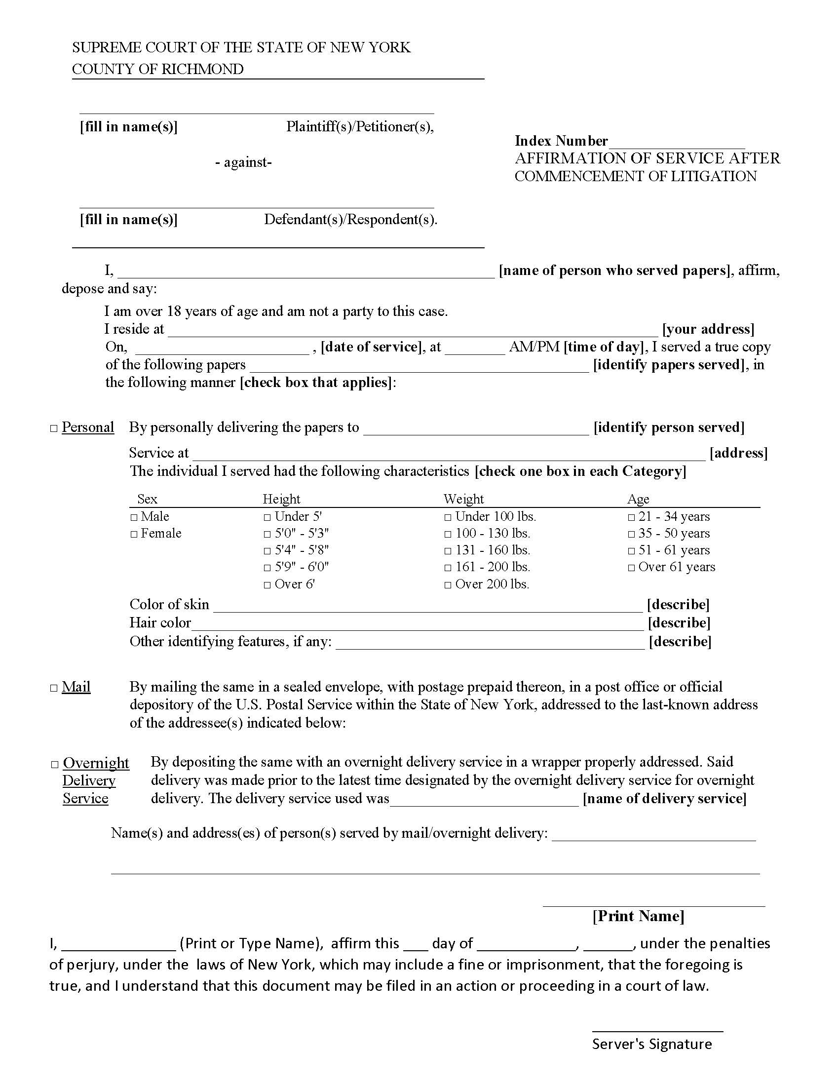 Affirmation Of Service After Commencement Of Litigation | Pdf Fpdf Docx | New York