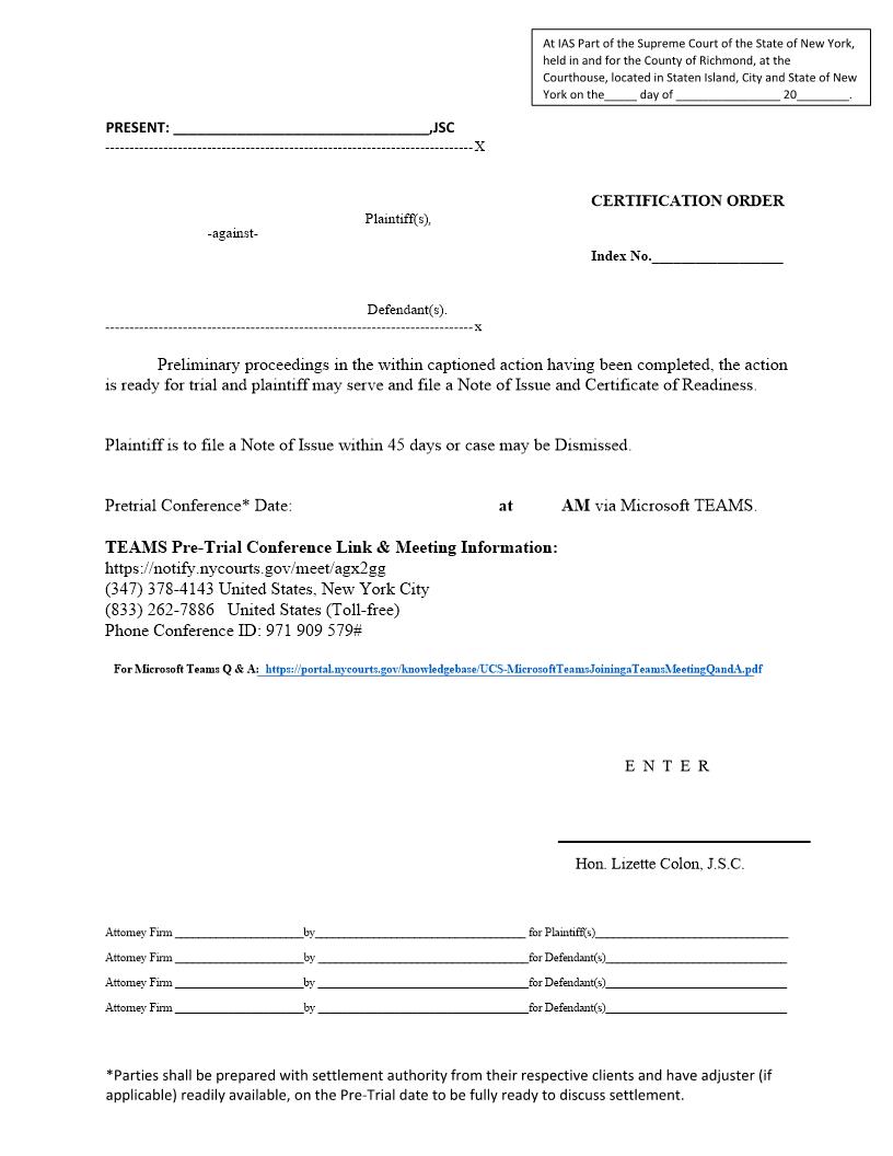 Certification Order (Judge Colon) | Pdf Fpdf Docx | New York
