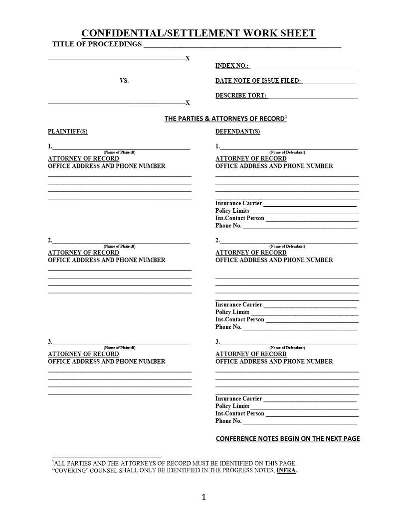 Confidential Settlement Worksheet | Pdf Fpdf Docx | New York